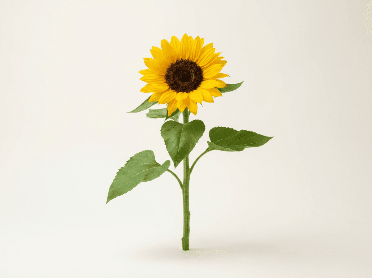 Uma haste de girassol amarelo com folhas