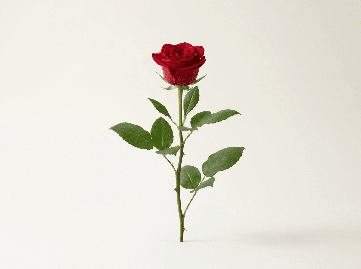 Uma rosa vermelha avulsa, com folhas, sobre fundo claro