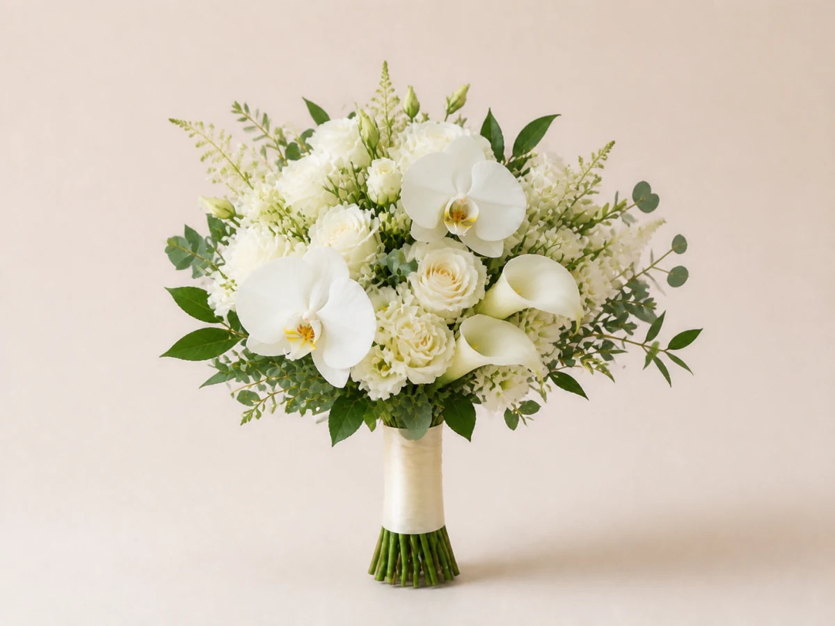 Imagem demonstrativa gerada de um buquê de noiva com orquídeas e flores nobres